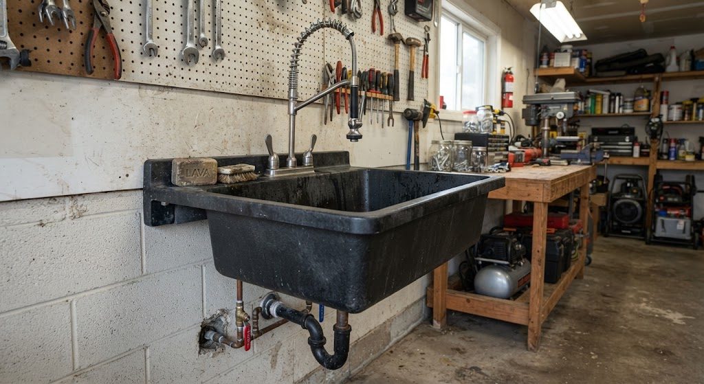 Deep utility sink in a garage with a high-arc faucet, pull-out sprayer, and a shutoff valve on the supply line