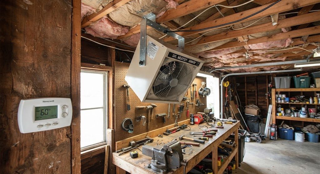 Ceiling-mounted electric unit heater in an insulated garage with a digital thermostat set to 60 degrees
