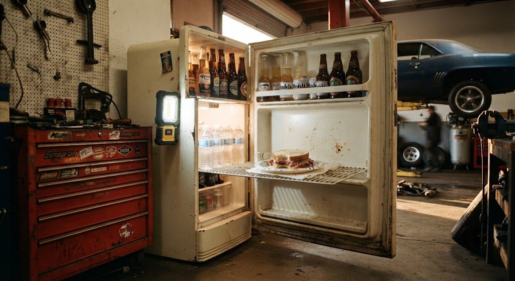 What’s in the garage fridge at Callahan Auto Works Open refrigerator in a garage showing beer bottles, water, and a sandwich, with a magnetic work light attached inside