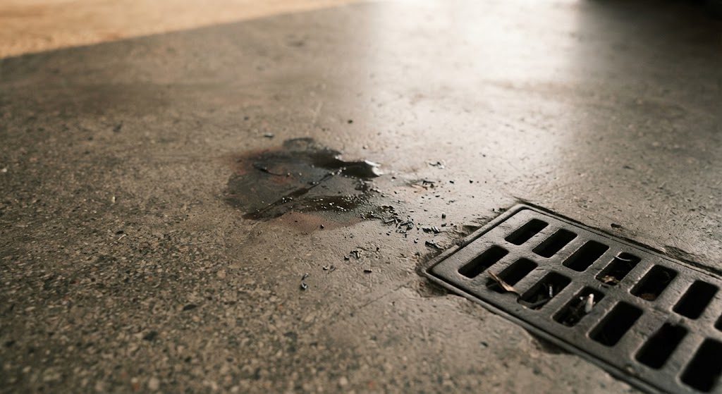 Sealed concrete shop floor — stained but intact after years of brake fluid and gear oil Matte-finish sealed concrete garage floor with an oil stain, demonstrating how sealer protects without forming a surface film