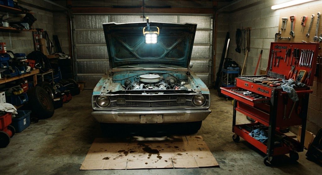 The garage setup you need before a field car comes home — light, drip protection, and clear workspace Field-find project car inside a garage with a portable LED light clamped to the hood and cardboard under the engine to catch leaks
