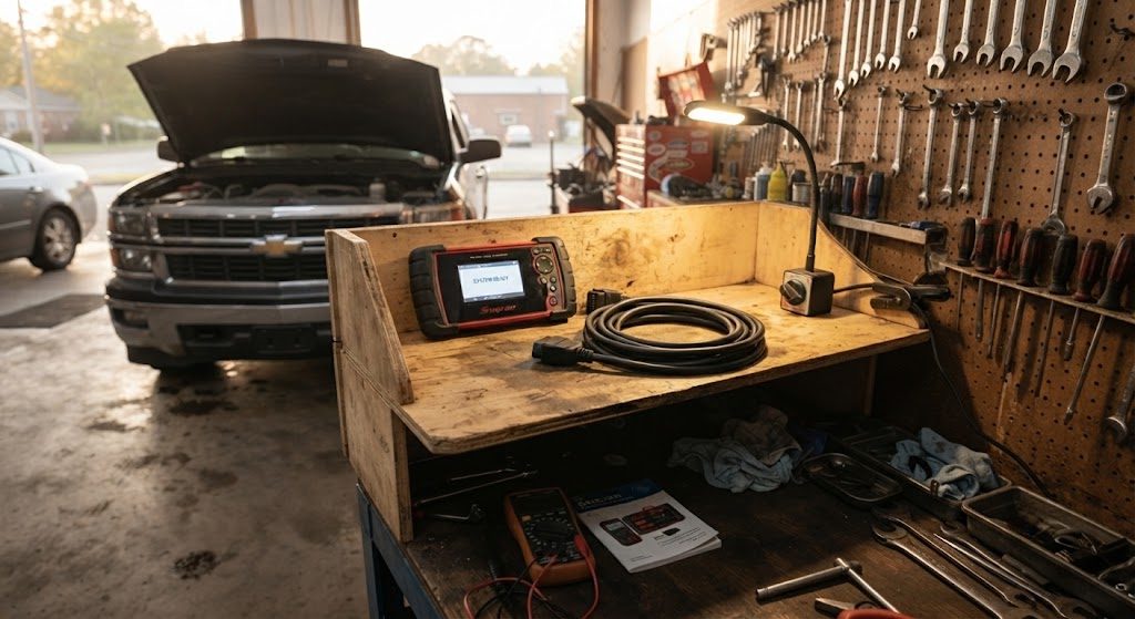 The diagnostic shelf in Bay One — tools deserve their own space Dedicated diagnostic shelf above a garage workbench with a professional OBD-II scanner and coiled cable