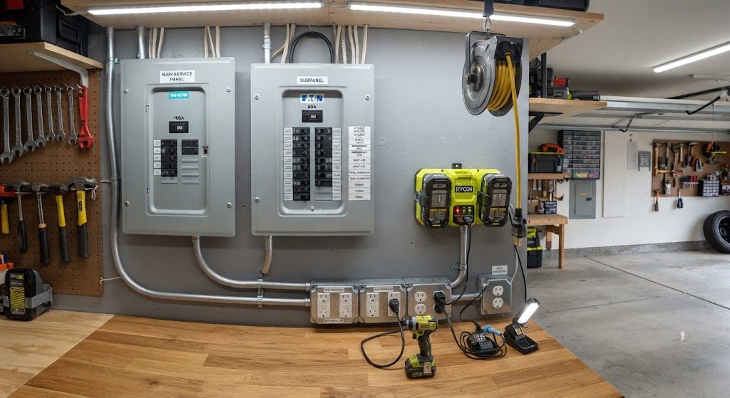 Garage workbench with GFCI outlets every four feet above the work surface, and a ceiling-mounted retractable cord reel