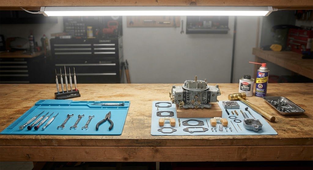Task lighting over the workbench — the single best lighting upgrade for any garage Workbench lit by a dedicated overhead LED fixture, showing a carburetor rebuild in progress with no visible shadows