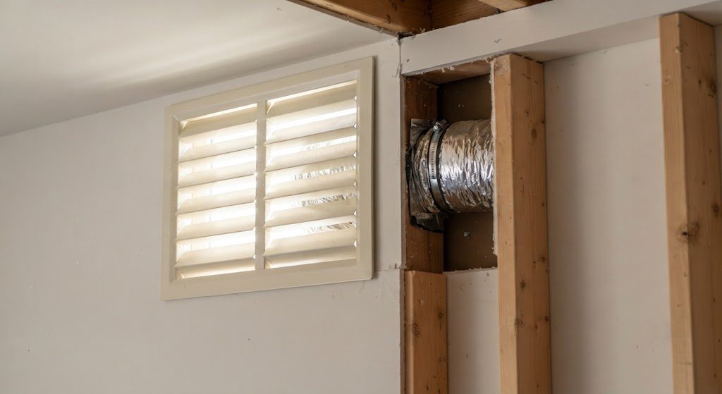 Wall-mounted louvered vent in a garage for passive airflow, installed between wall studs