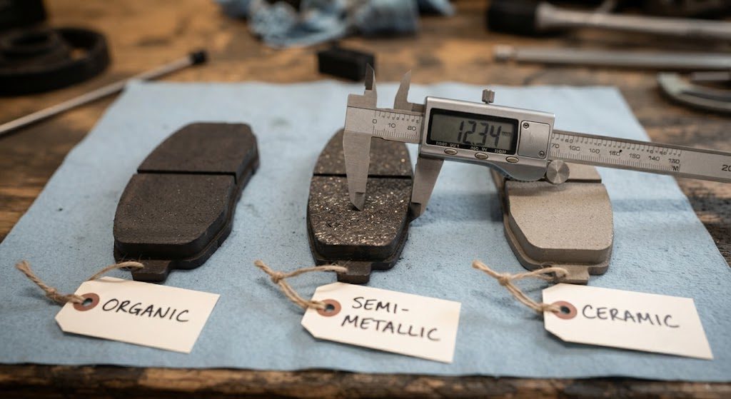 Brake pad compound comparison: organic vs semi-metallic vs ceramic Three types of brake pads — organic, semi-metallic, and ceramic — displayed next to each other with thickness measurements