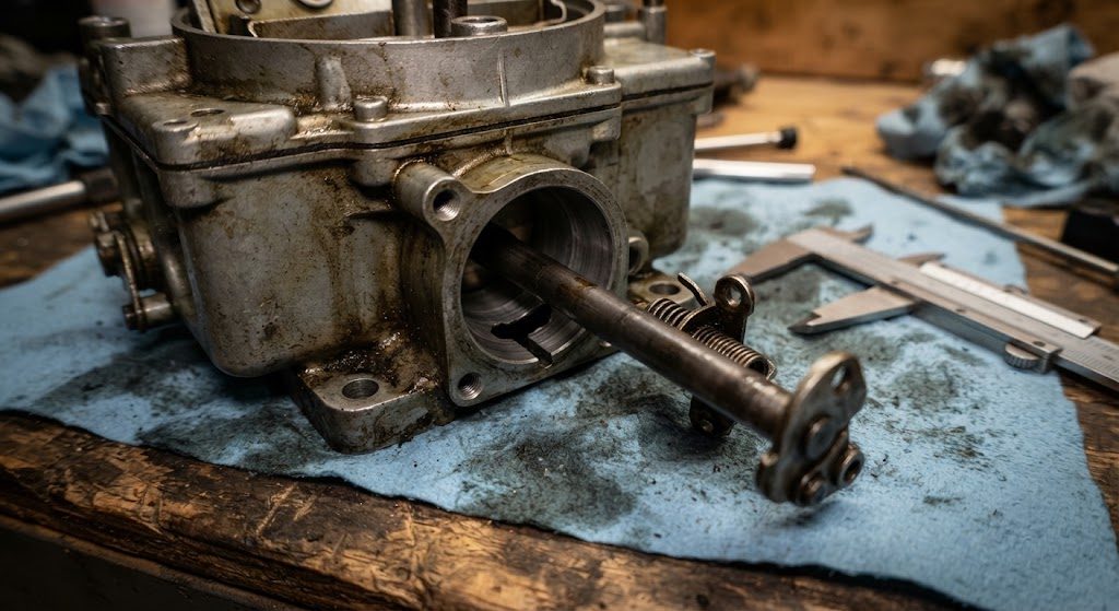 Throttle shaft wear on the Chevelle's Quadrajet — possible idle culprit Close-up of a worn throttle shaft on a Rochester Quadrajet carburetor with visible play in the bore