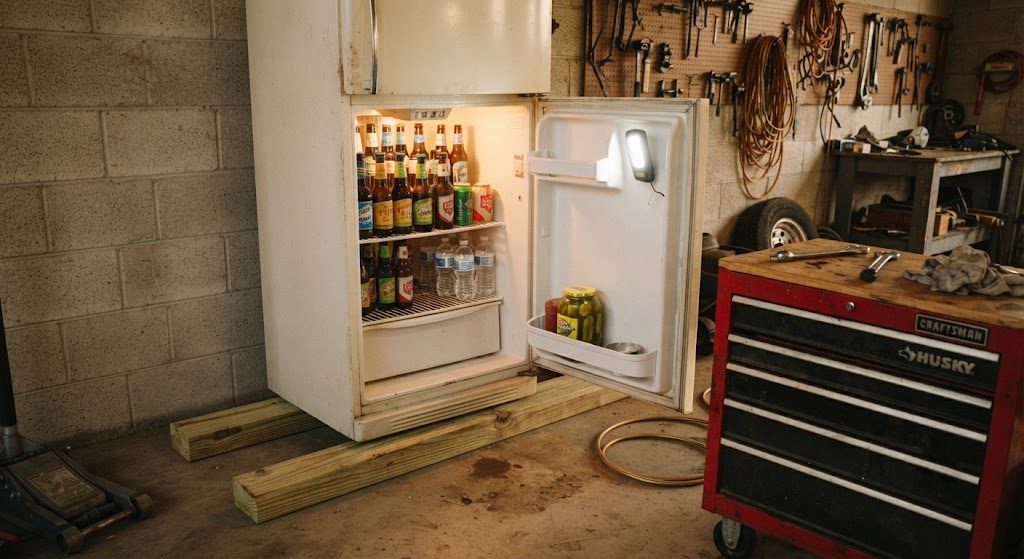 Garage refrigerator raised off the concrete floor on wooden boards, stocked with beer, water, and pickles, a magnetic light inside