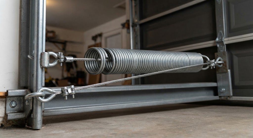 Extension spring on a garage door with a safety cable threaded through the center and anchored at both ends