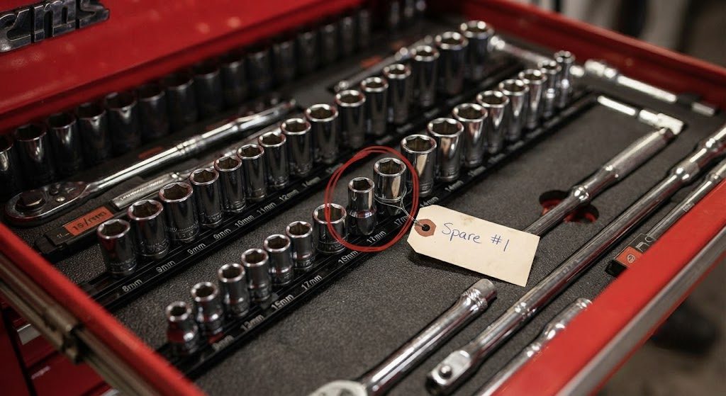 Top drawer of a tool chest with sockets organized on rails, the 10mm socket marked as a spare