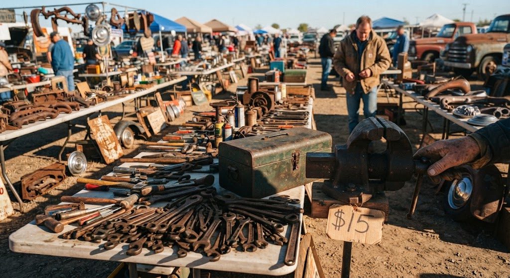 Swap meet vendor table with old tools and a heavy bench vise tagged at $15, a buyer's hand visible