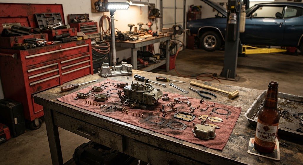 A disassembled Rochester Quadrajet carburetor spread across a stained shop rag on a mechanic's workbench, tools laid out in sequence, a half-empty beer bottle visible in the background